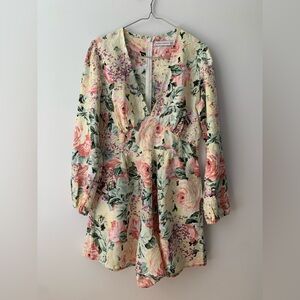 Faithfull the Brand Floral Linen V Neck Long Sleeve Romper in Pink & Green